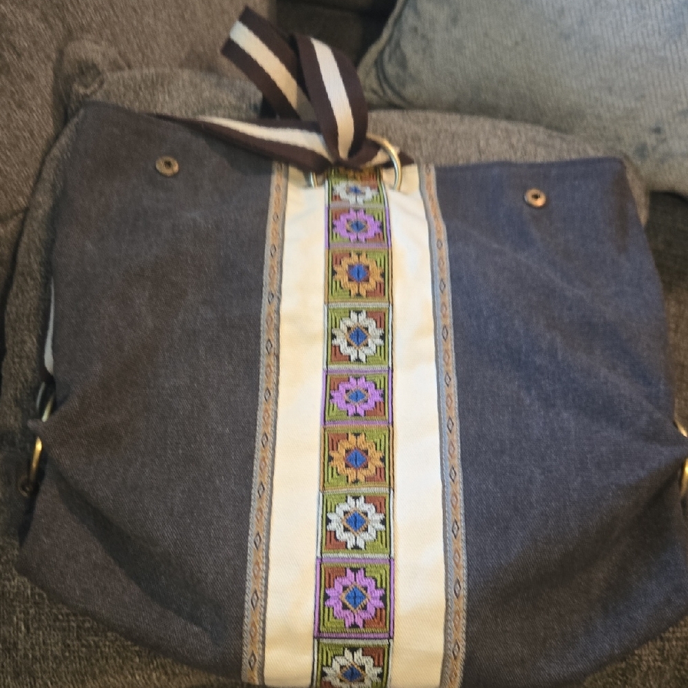 Boho Embroidered Canvas Tote Backpack in Dark Grey, great for everyday use.